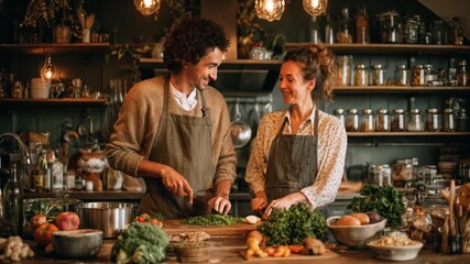 Couple cooking vegan dinner in sustainable zero waste kitchen