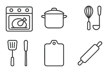 Minimalist kitchen utensil icons: oven, pot, mixer, spatula, cutting board