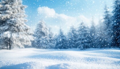 Stunning Winter Scene: Snow-Covered Forest With Gentle Snowfall Under Blue Sky In Wide Panorama Format.
