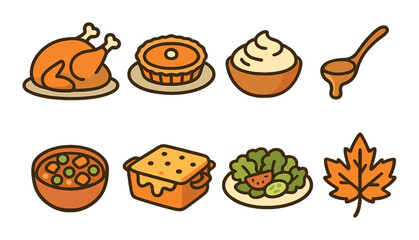 Thanksgiving feast icons featuring turkey, pie, whipped cream, and autumn leaves on warm background