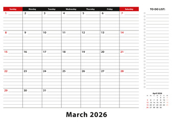 March 2026 Monthly Desk Pad Calendar week starts from sunday, size A3. © boldg