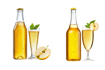 Apple cider bottles and glasses set isolated on transparent background
