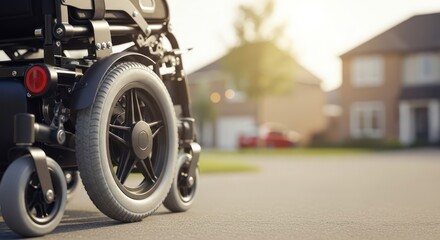 Power wheelchair on street of suburban neighborhood at sunny day.