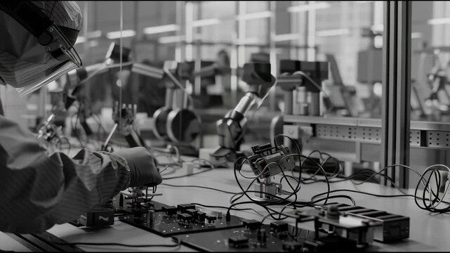 an ai robot working on black and white circuits