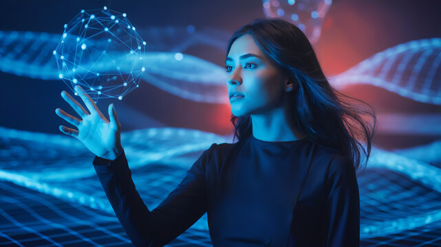 Female Scientist Interacting with a Holographic 3D Interface, Analyzing Digital DNA and Neural Network Data, Concept of Futuristic Biotechnology, Data Science, and Virtual Reality Innovation. - Powered by Adobe
