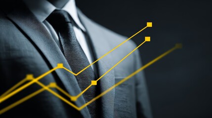 Professional man in suit with upward graph indicating financial growth and success.