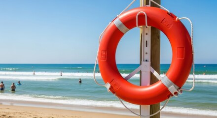 Bright orange lifebuoy with ocean in background on a sunny day.