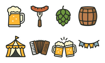 Oktoberfest icons: beer, sausage, hop, barrel, tent, accordion, cheers, banners