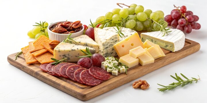 Gourmet Cheese and Charcuterie Board Image of assorted cheeses, grapes, salami and crackers, cheese board, appetizer , Appetizer, Party Food - Powered by Adobe