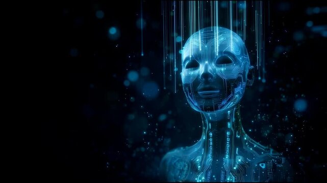 a hologram of an ai humanoid figure glowing with data streams