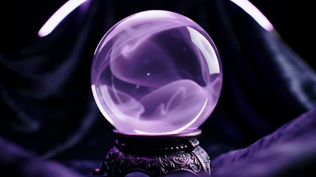 Glowing Crystal Ball with Ethereal Purple Smoke on a Dark Fabric Background