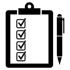 Flat Black Vector Silhouette Of A Checklist With Check Marks And A Pen Beside Document, Minimal Stationery Writing Tool Symbol Illustration PNG