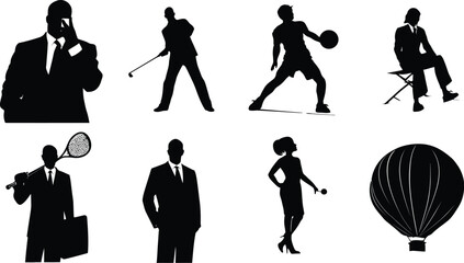 Set of Eight Black Silhouettes Depicting Diverse Human Figures and One Object Including Businessperson on Phone, Golfer Mid-Swing, Basketball Player in Motion, Seated Director, Tennis Player 