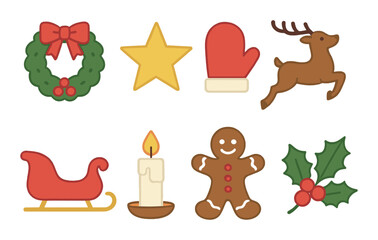 Festive holiday icons: wreath, star, mitten, reindeer, sleigh, candle, gingerbread, holly