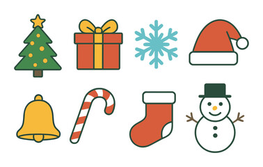 Festive holiday icons: christmas tree, gift, snowflake, santa hat, bell, candy cane, stocking, snowman