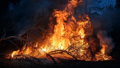 intense blaze of fire with smoldering branches in the dark environment