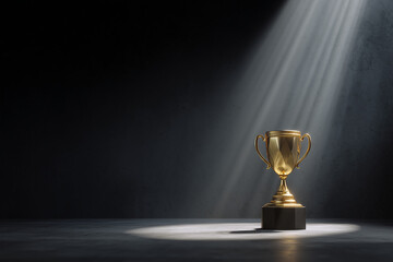 Golden trophy illuminated by dramatic light beams on dark background award winner