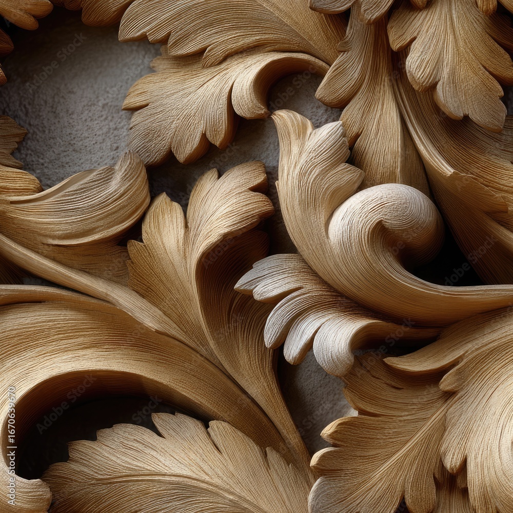 Poster ornate wood carvings feature elaborate leaf designs, creating a striking visual effect with texture 