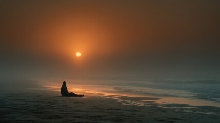 Solitary Figure on Foggy Beach at Dawn: Meditative Sunrise, Mysterious Atmosphere, and Ethereal Ocean Scene for Serenity, Inner Peace, or Travel Concepts