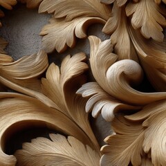 Ornate wood carvings feature elaborate leaf designs, creating a striking visual effect with texture and rich hues SEAMLESS PATTERN