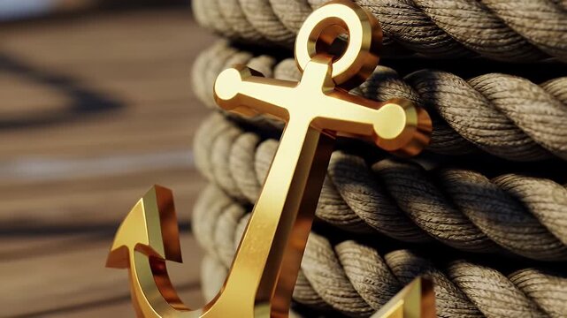 Gold Anchor Leaning Against Thick Twisted Brown Rope Nautical Wood Surface