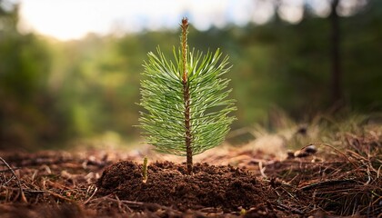 germinating new pine tree sprout reforestation efforts planting new trees environment care