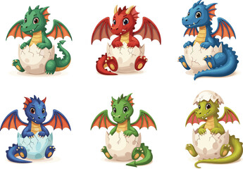 Naklejka premium cute baby dragons hatching from cracked eggs, colorful mythical creatures, whimsical fantasy art, playful poses, adorable reptile theme, cartoon vector illustration character set