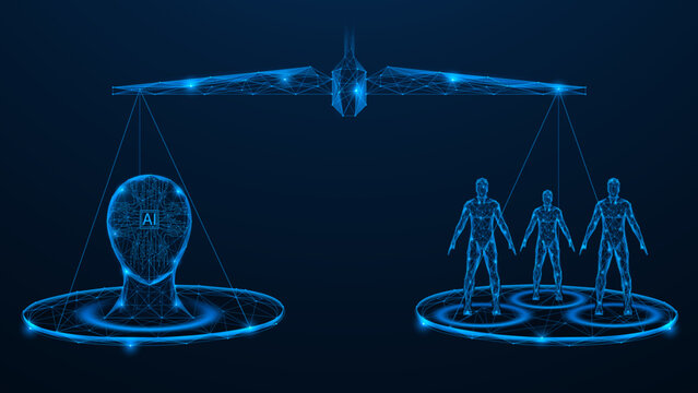 The balance between AI and human. There is a digital bot on the first scale, and three human figures on the other. Polygonal design of interconnected lines and dots. Blue background.