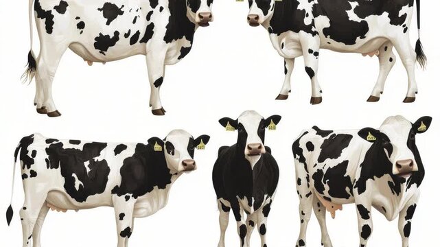A black and white cow from multiple angles, featuring its coat pattern and facial features