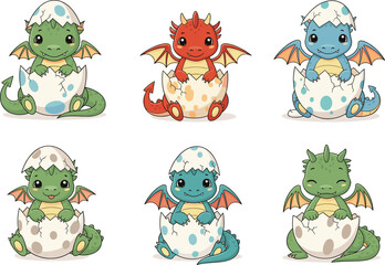 cute baby dragons hatching from spotted eggshells, colorful mythical creatures, whimsical fantasy art, playful expressions, adorable reptile theme, cartoon vector