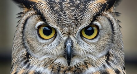 Fototapeta premium Intense Close-Up Portrait of a Great Horned Owl with Piercing Yellow Eyes