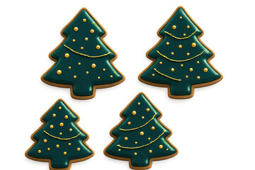 Green-frosted gingerbread christmas tree cookies featuring golden decorative beads, resting on clean white background, capturing seasonal festive baking spirit