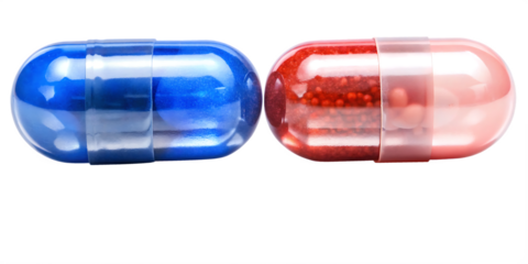 Two capsule pills blue and red with granular filling isolated on a transparent background.PNG