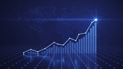 Fototapeta premium Global Business Growth Chart with Upward Trend and World Map Background finance graph