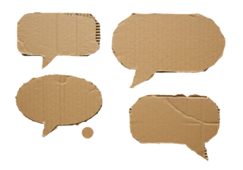 Artful arrangement of brown recycled cardboard speech and thought bubbles with torn edges, natural creasing, varying sizes, on a light textured surface, soft shadows, top-down flat lay, Concept of