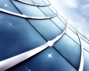 A close-up view of a modern building facade, showcasing sleek lines and reflective glass panels that gleam under the sunlight, illustrating contemporary architectural design.
