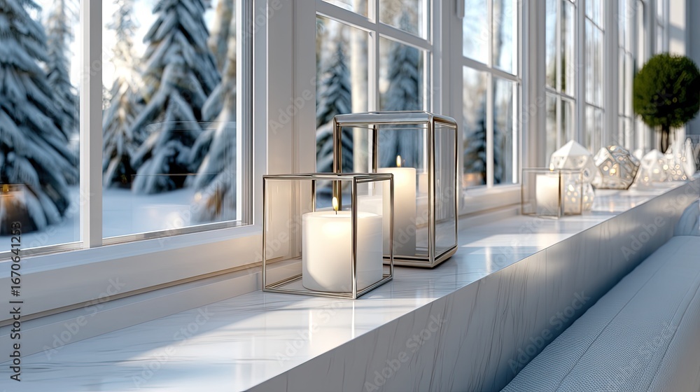 Poster candles of various designs and sizes are neatly arranged on a wooden surface beside expansive window