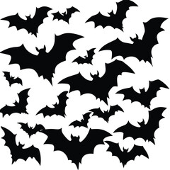 Fototapeta premium Numerous Silhouetted Bats Flying in a Chaotic Pattern on a White Background dark
