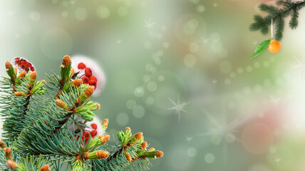 Christmas background with fir-tree and mandarin
