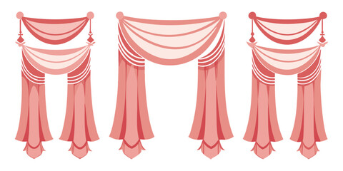 Classic. Curtains. Elegant. A vector illustration set of three luxurious pink window curtains or drapes for an interior design project, a theater stage, or a home decor graphic element.