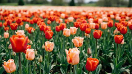 Close-up of a vibrant tulip field in full bloom, with reds and oranges under soft spring sunlight, creating a dreamy, painterly landscape of natural beauty and colorful petals.