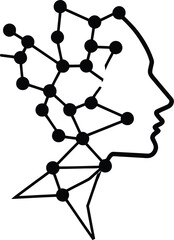 Black Silhouette of Human Head in Profile Featuring Internal Network of Interconnected Dots and Lines, Representing Neural Structures, Artificial Intelligence, and Cognitive Systems in Minimalist Tech
