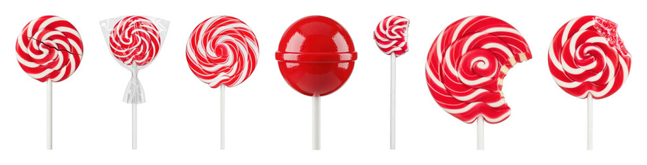 Red and white lollipop set including whole, cracked, wrapped, bitten, small, and solid red stages isolated. Candy and sweets collection.