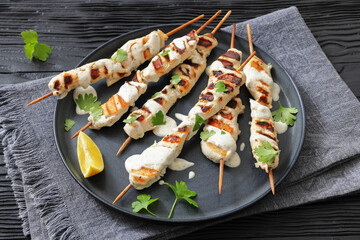 Greek style grilled chicken souvlaki on a plate