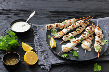 Greek style grilled chicken souvlaki on a plate
