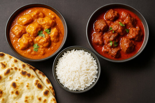 indian curry, tikka masala, chicken, lamb, mutton Rogan Josh with rice and naan bread. Dark background. Close up. stock photo