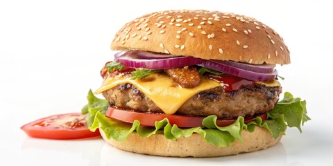 Juicy Cheeseburger with Sesame Bun, Red Onion and Melted Cheese, Fast Food, Burger Recipe Burger, Food Photography