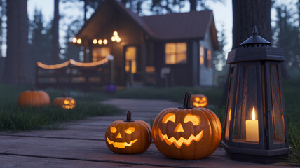 Two carved pumpkins and lantern on wooden path at dusk