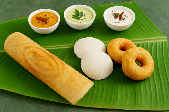 Traditional South Indian snacks, Dosa, idli, medu wada on banana leaf. stock photo