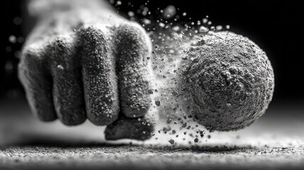 A stylized, colossal fist made of textured rock impacting a surface, sending a powerful explosion of fragmented stone and dust into the air, conveying immense power and impact